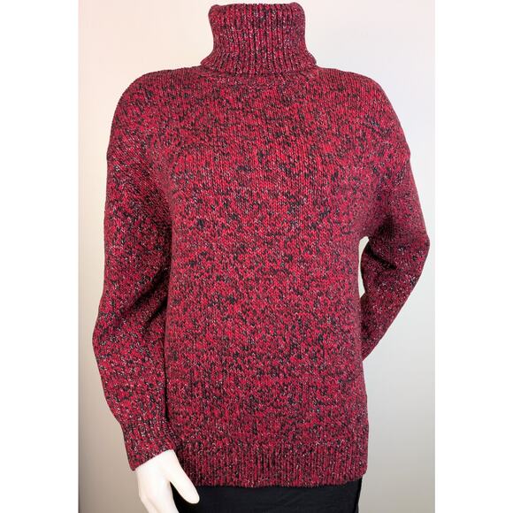 Michael Kors Turtleneck Sweater Small Marled Red Black Silver Metallic Holiday - Picture 8 of 8